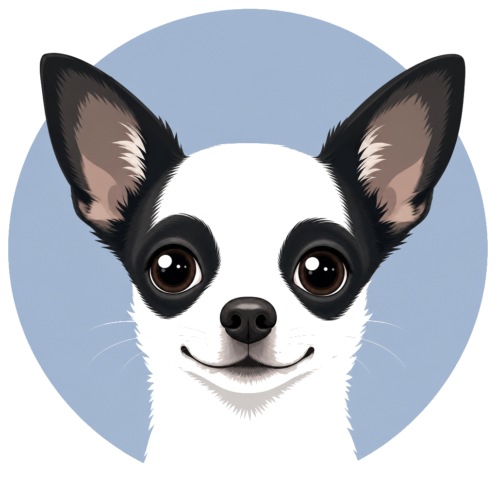 Cartoon portrait of Biscuit, a white Chihuahua with black markings