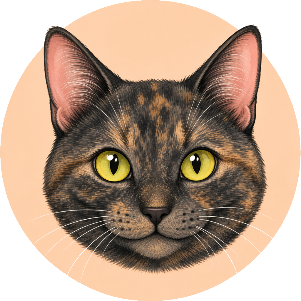 Cartoon portrait of Pepper, a pepper-colored cat