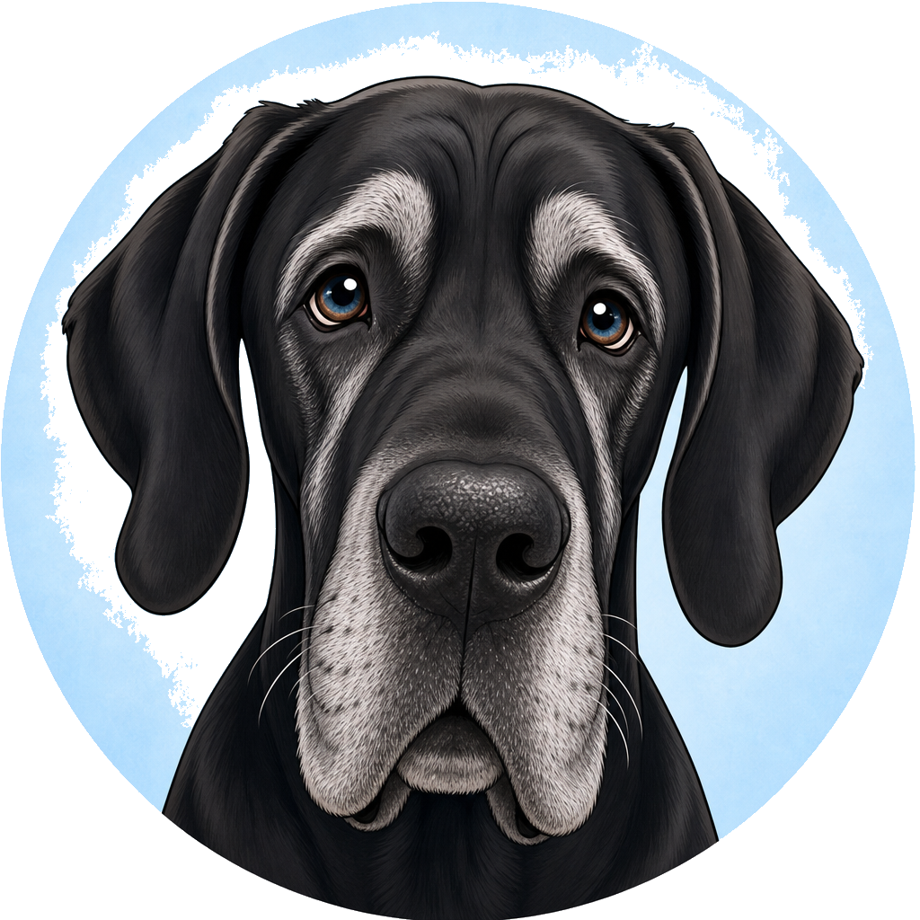 Cartoon portrait of Tank, a black Great Dane with gray muzzle